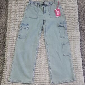 Girls Justice Light Blue Wide-Leg Cargo Jeans with Drawstring